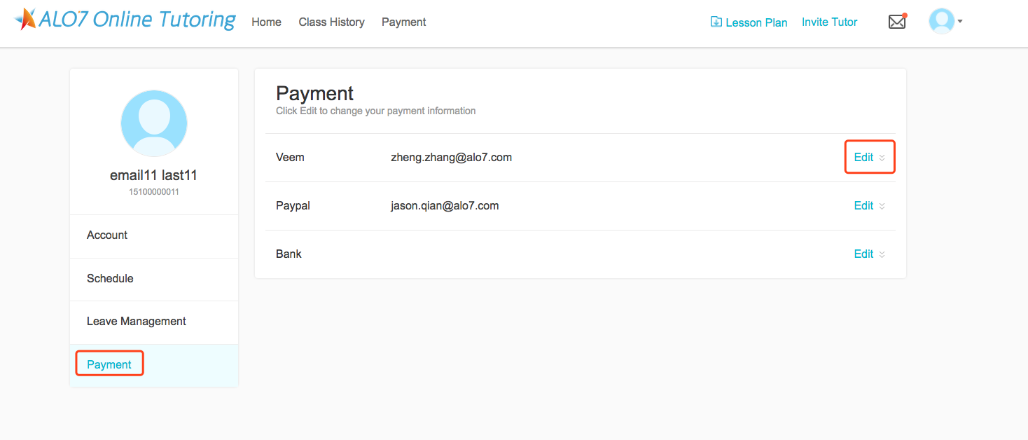 How to edit payment information ALO7 Online Tutoring Help Center